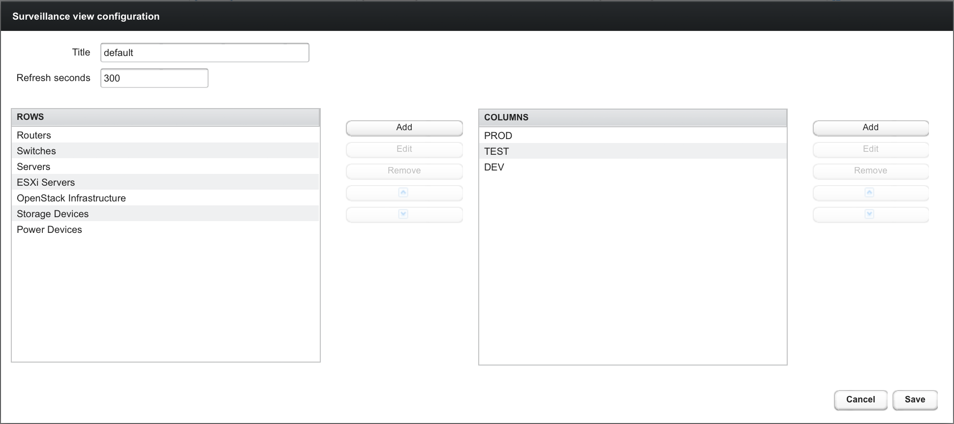 Surveillance view configuration page showing a list of rows and columns that can be added to the View
