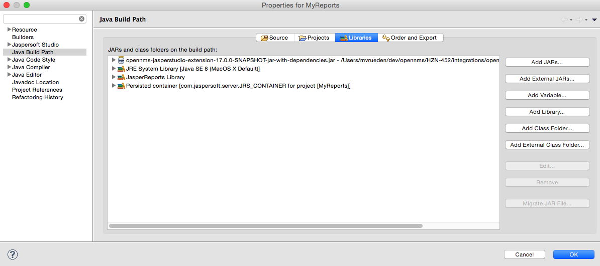 Project Explorer UI displaying the Properties dialog with the external JAR configured