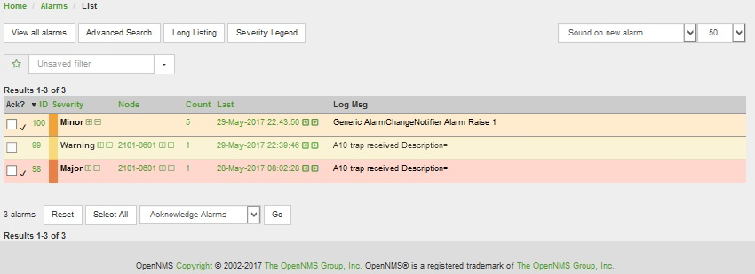 Alarms List page with sound on new alarm and flashing unacknowledged alarms enabled