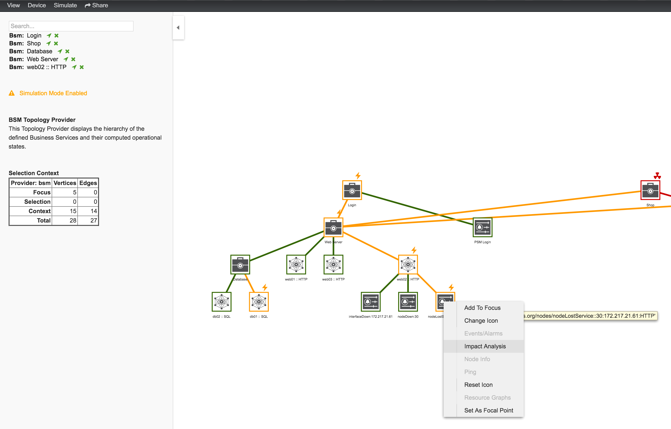 Horizon UI displaying the topology map, with a context menu overlaid. Impact Analysis is highlighted.