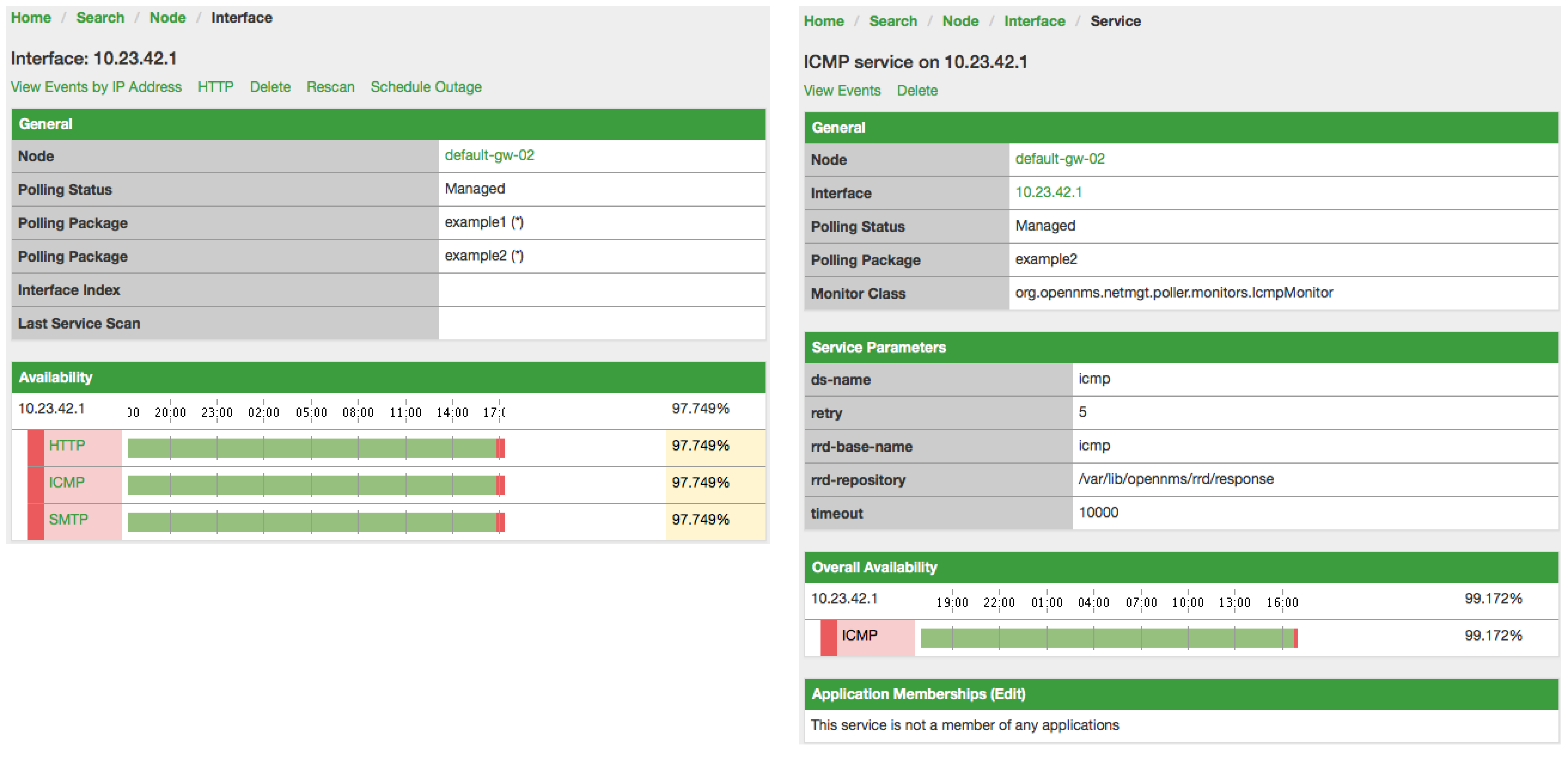 Screen displaying interface and service configuration and statistics for a polling package