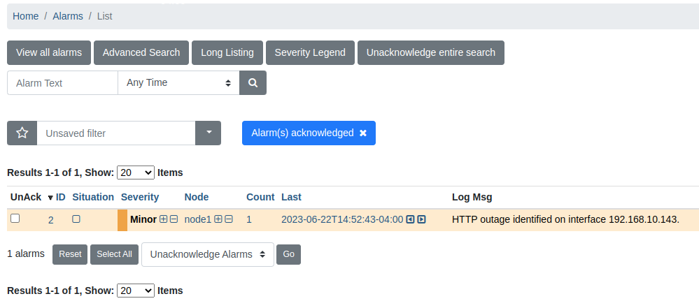 Acknowledged alarm of an HTTP outage in the alarm overview