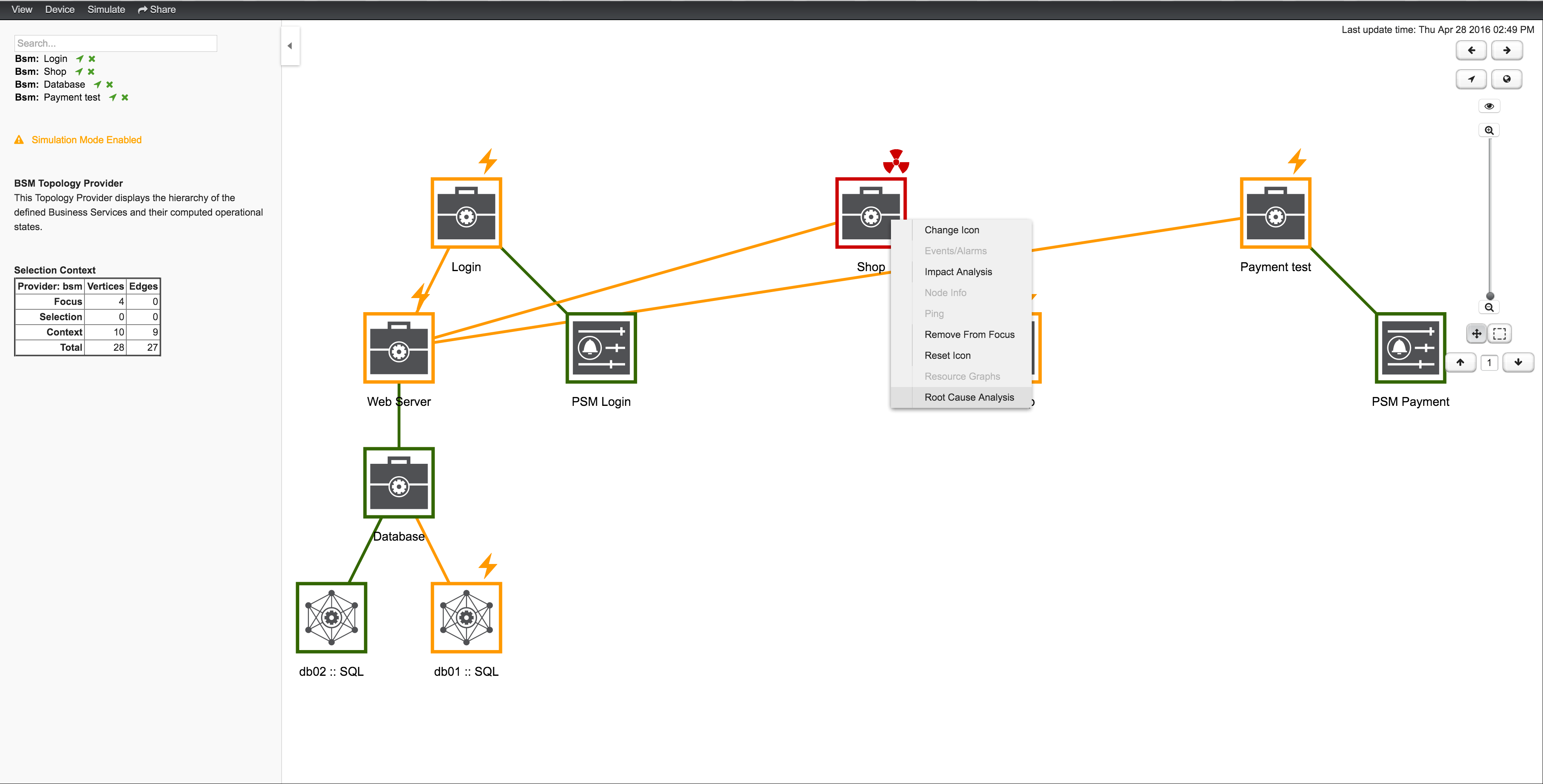 Horizon UI displaying the topology map, with a context menu overlaid. Root Cause Analysis is highlighted.