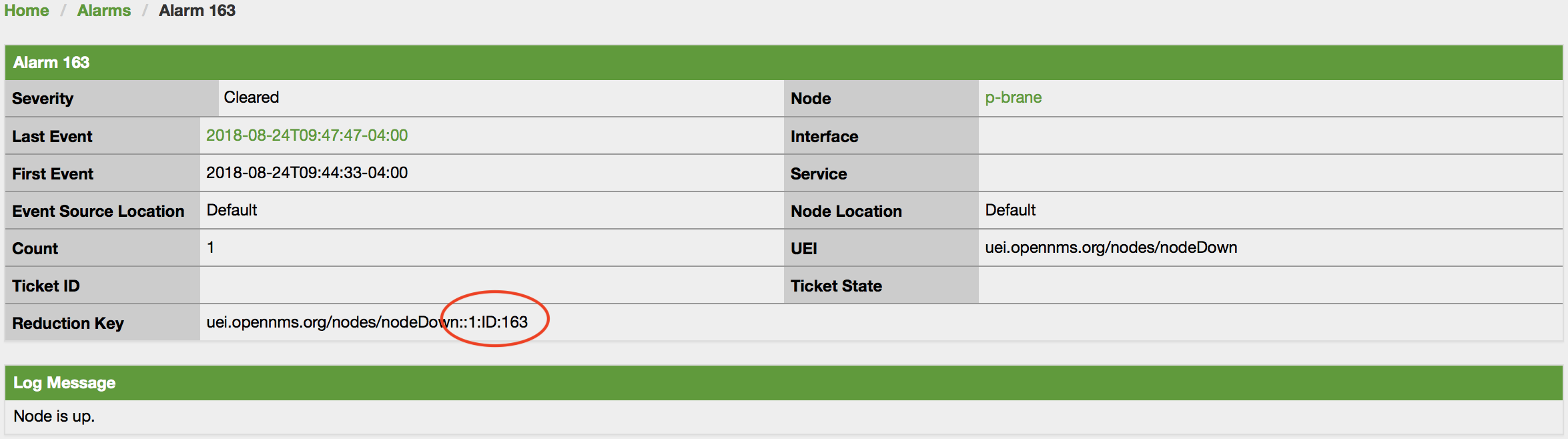 Alarm Details page displaying an altered `reduction-key` attribute; the appended characters are circled