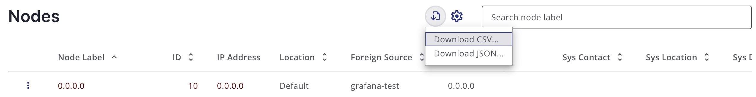 Horizon Node download/export menu.