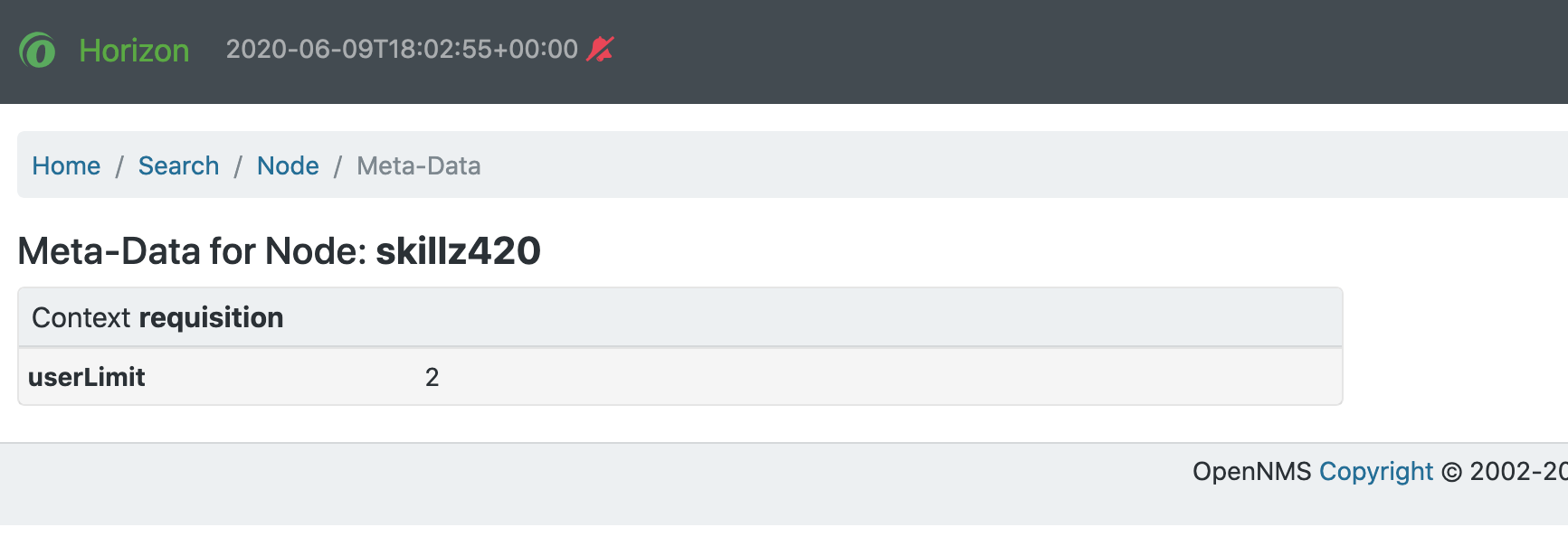 Horizon web UI showing a node’s associated metadata