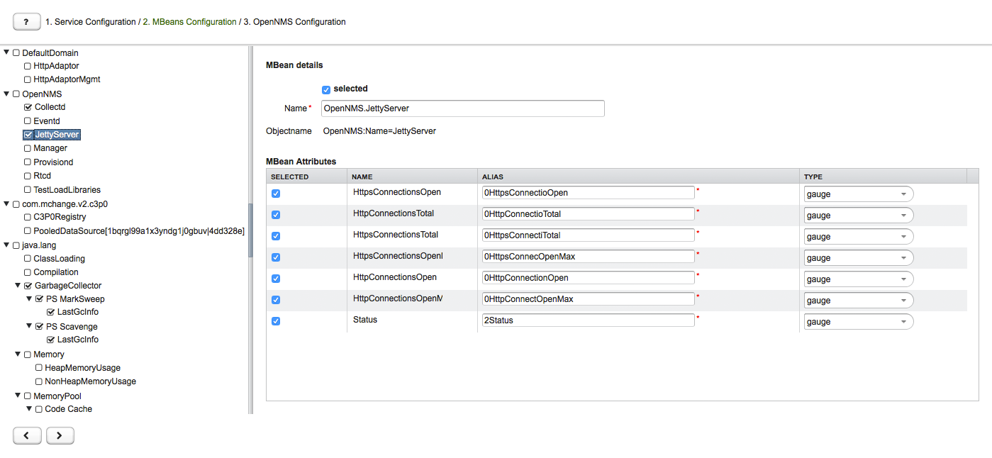 MBeans Configuration page displaying a list of MBeans and composite data attributes. Some are selected and have been assigned aliases.