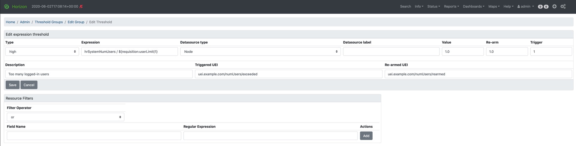 Page displaying configuration settings for an example expression-based threshold