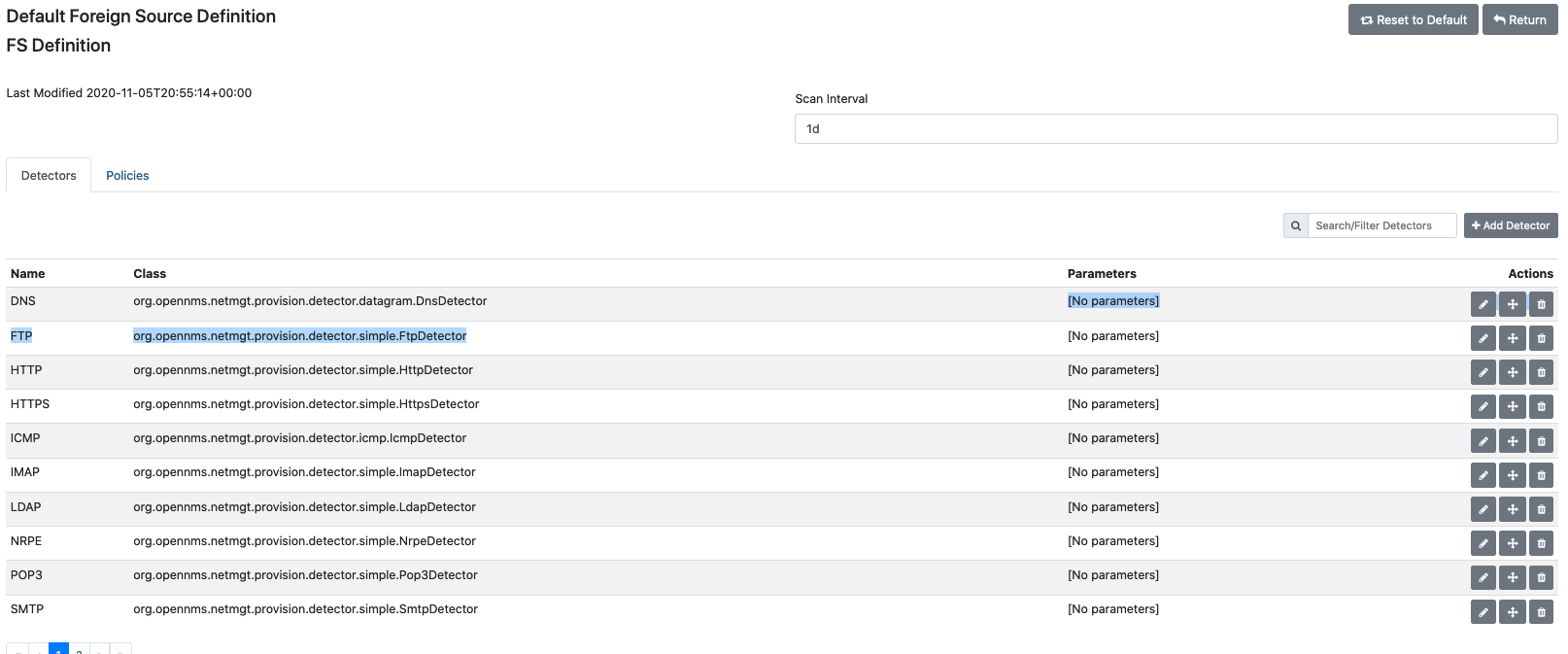 Page displaying detectors included in the default foreign source definition