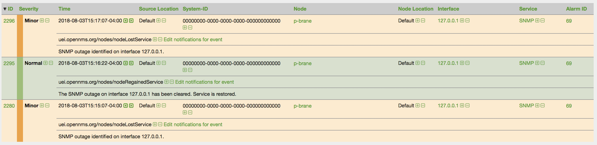 Detailed event list page displaying two service down events and one service restored event, all of which are components of the same alarm