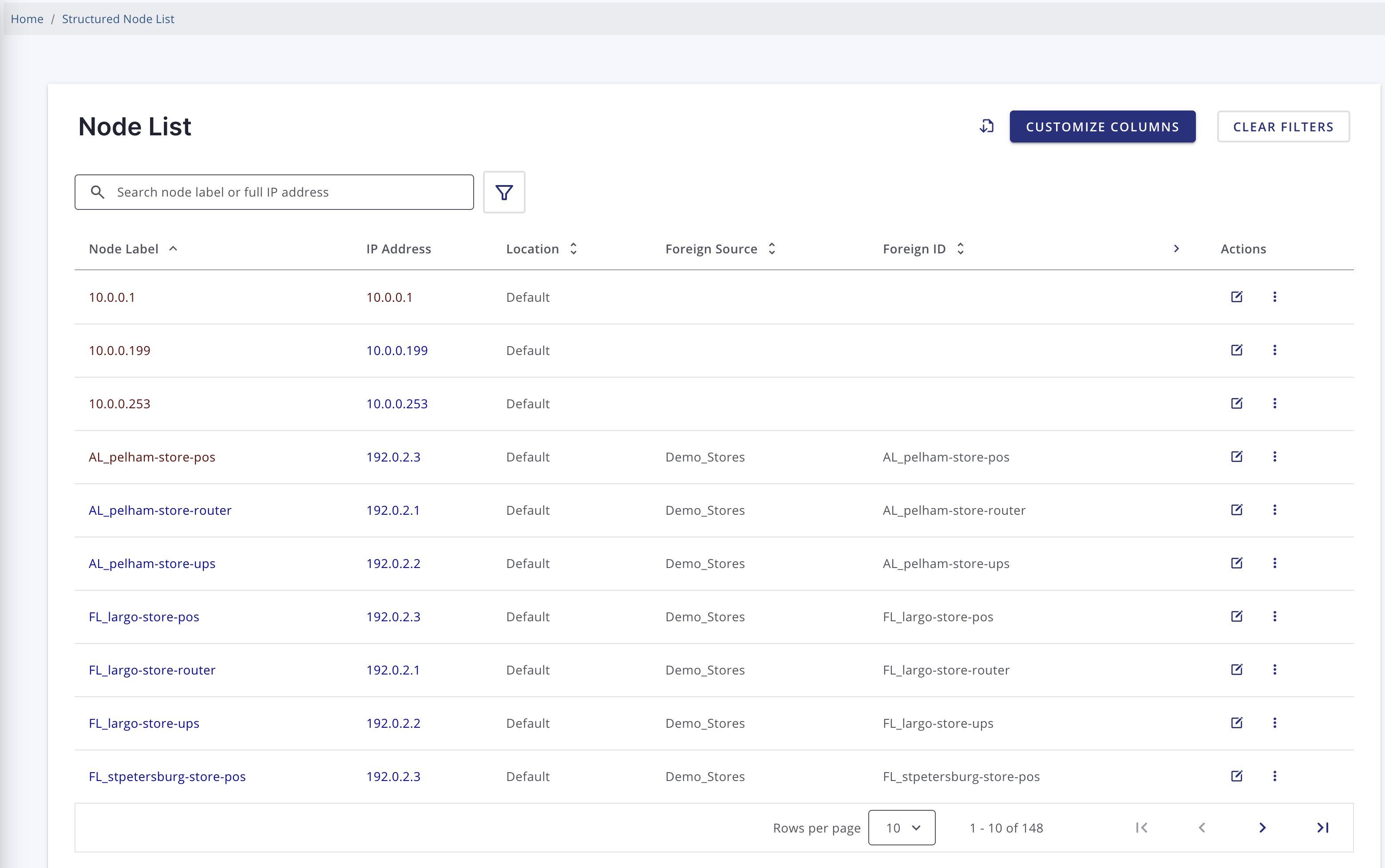 Horizon web UI showing structured node list.