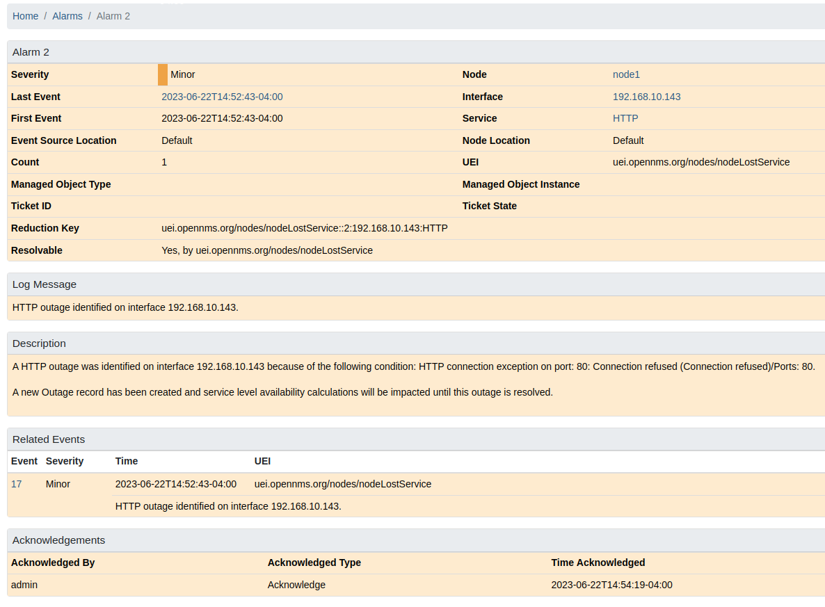 Acknowledged alarm of an HTTP outage in detail view