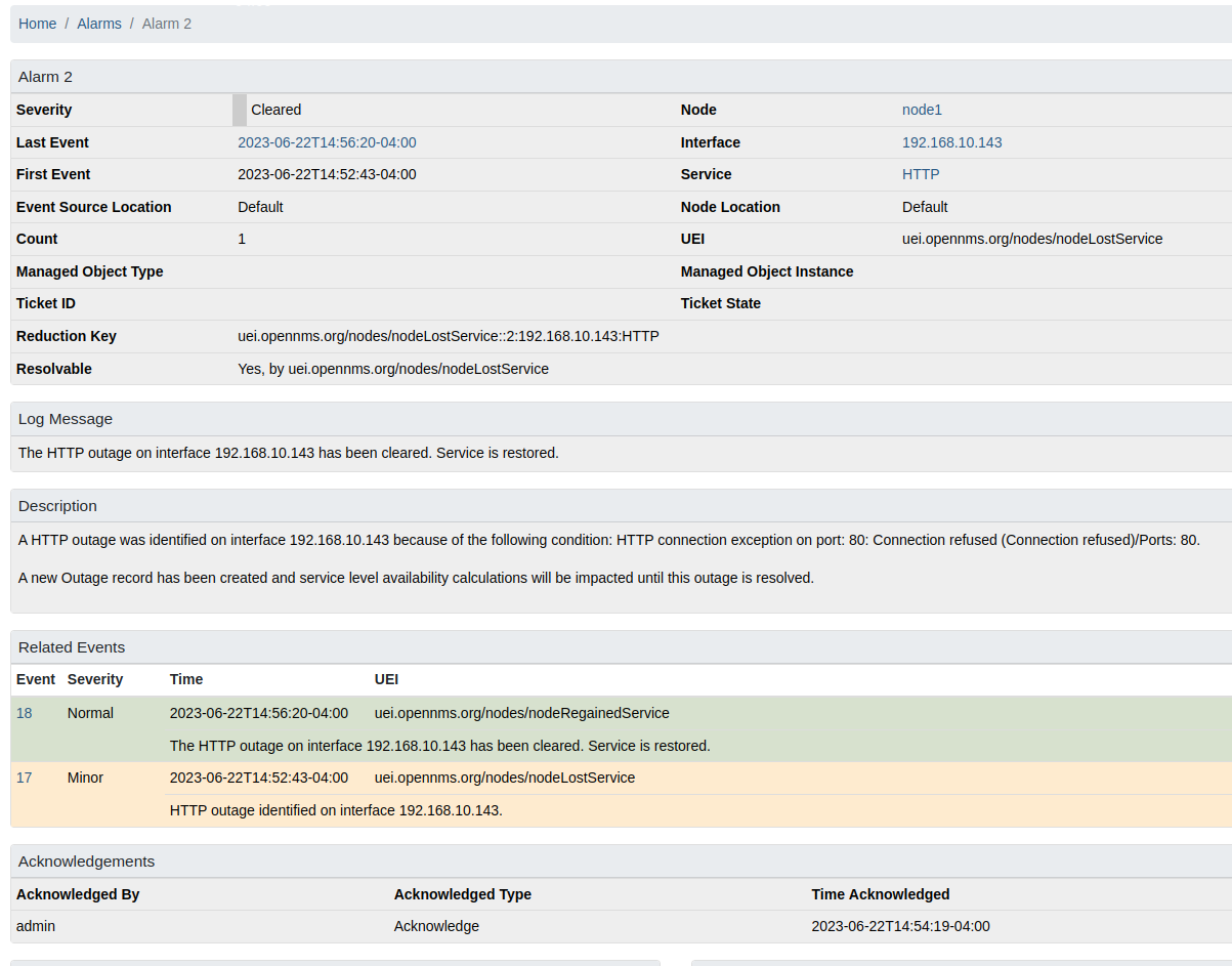 Cleared alarm of an HTTP outage in detail view