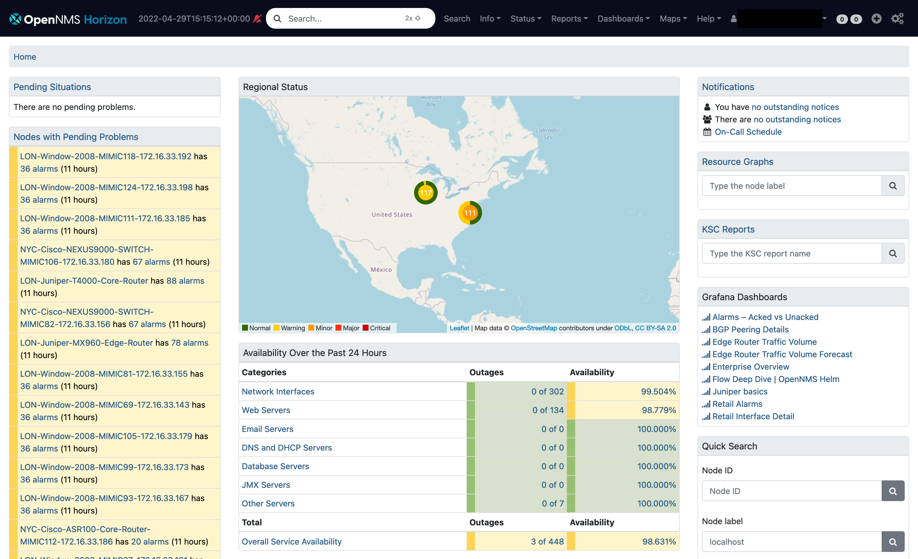 Horizon home page displaying Grafana dashboard components.